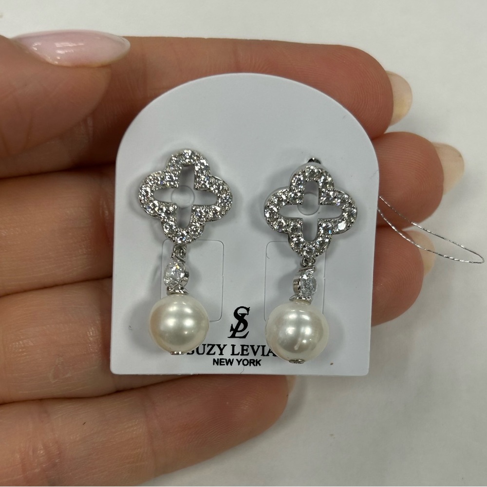 Suzy Levian Sterling Silver Clover White CZ & Pearl Drop Earrings NWT